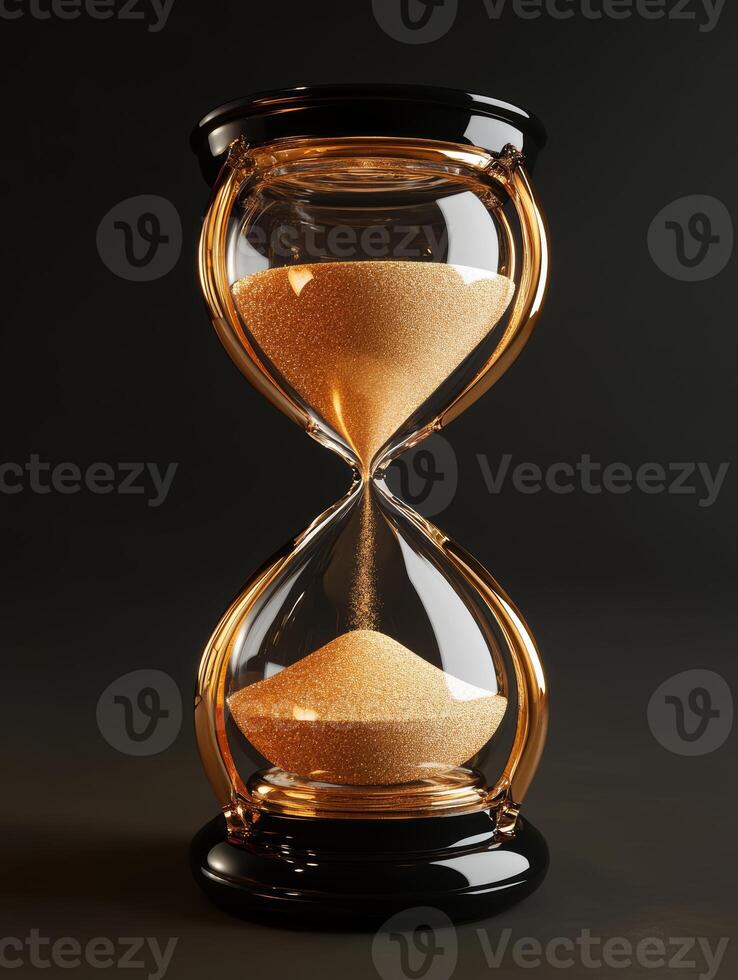 An ornate hourglass filled with shimmering golden sand symbolizes the passage of time, creating a striking contrast against a deep black background for a captivating visual effect photo