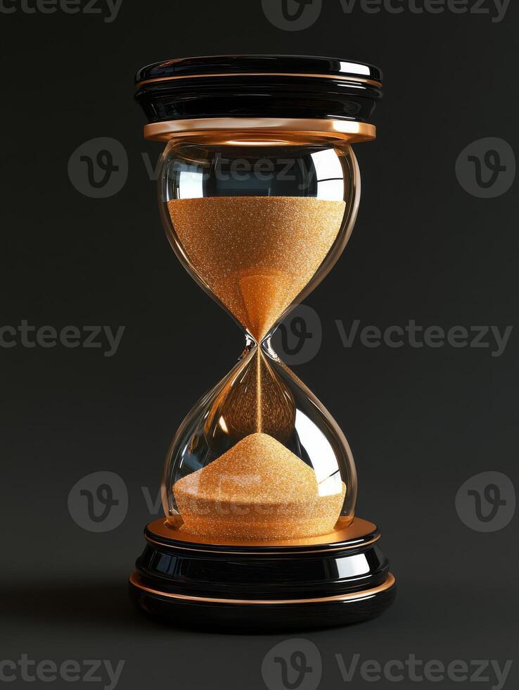 An exquisite hourglass, crafted elegantly, displays golden sand flowing through its slender middle against deep black, symbolizing the unceasing passage of time and the beauty in fleeting moments photo