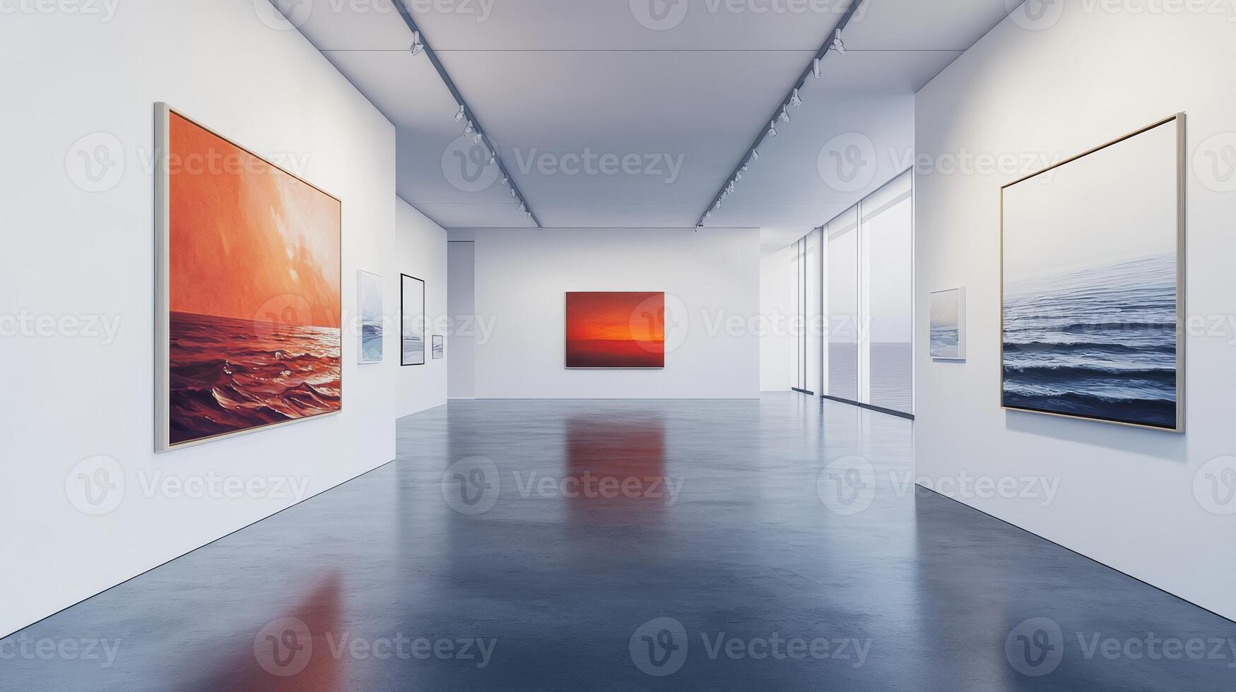 Explore a vibrant indoor art gallery featuring modern abstract paintings with stunning colors and unique textures on exquisite watercolor paper, inviting you to immerse in this creative experience photo