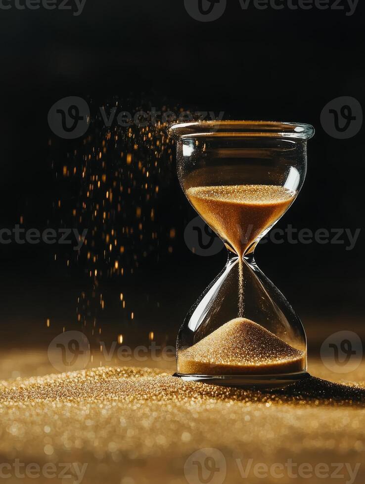 An exquisite hourglass, filled with shimmering golden sand, flows against a deep black background, symbolizing the relentless passage of time and the rich tapestry of our life experiences photo