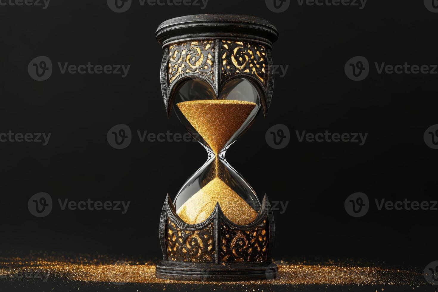 An exquisitely ornate hourglass elegantly displays golden sand cascading down, symbolizing the inevitable passage of time against a stunning sleek black backdrop that adds depth and sophistication photo
