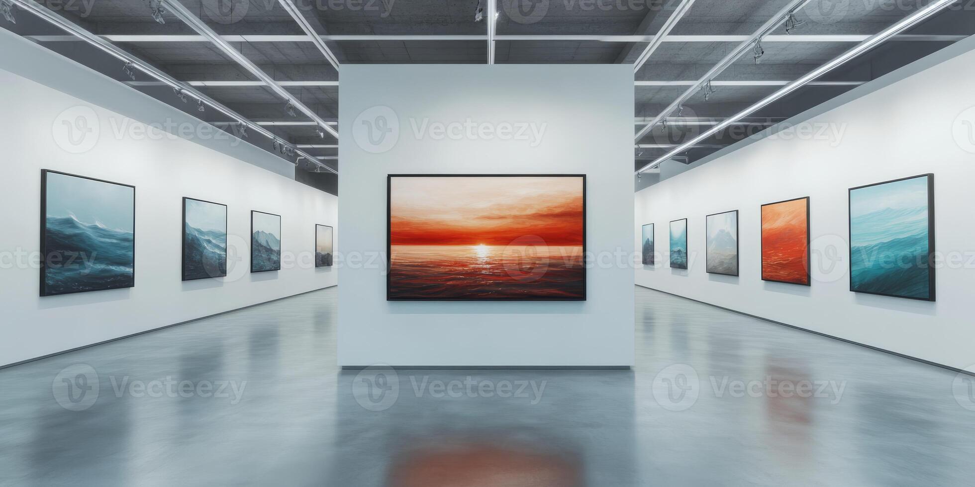 Visit a spacious gallery to explore a vibrant collection of modern abstract artworks with bright colors, diverse styles, and unique patterns that inspire creativity and imagination in every visitor photo