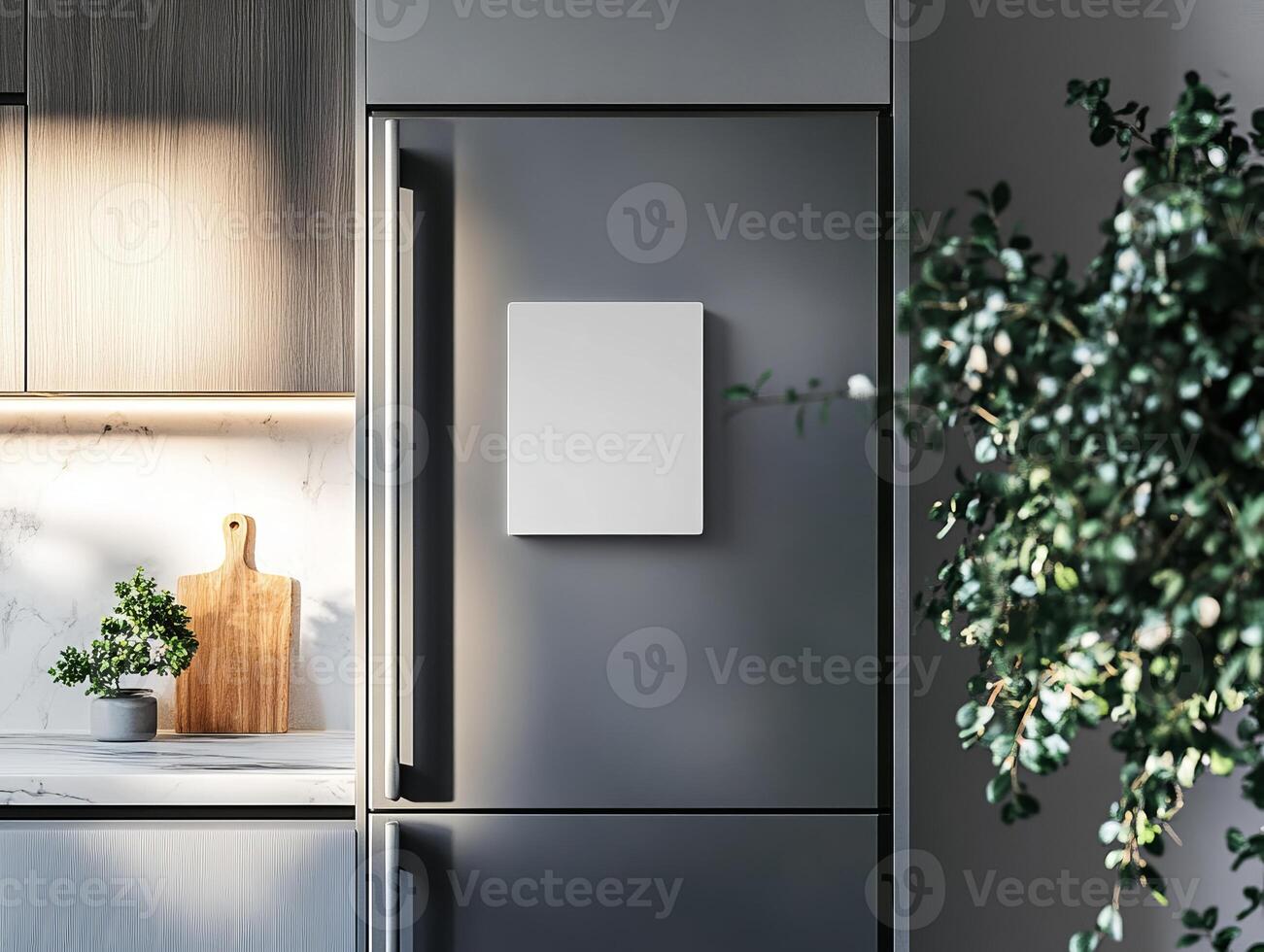 Imagine a modern refrigerator with a striking white square magnet in a contemporary kitchen, showcasing unique branding and innovative concepts in a captivating, visually appealing way photo