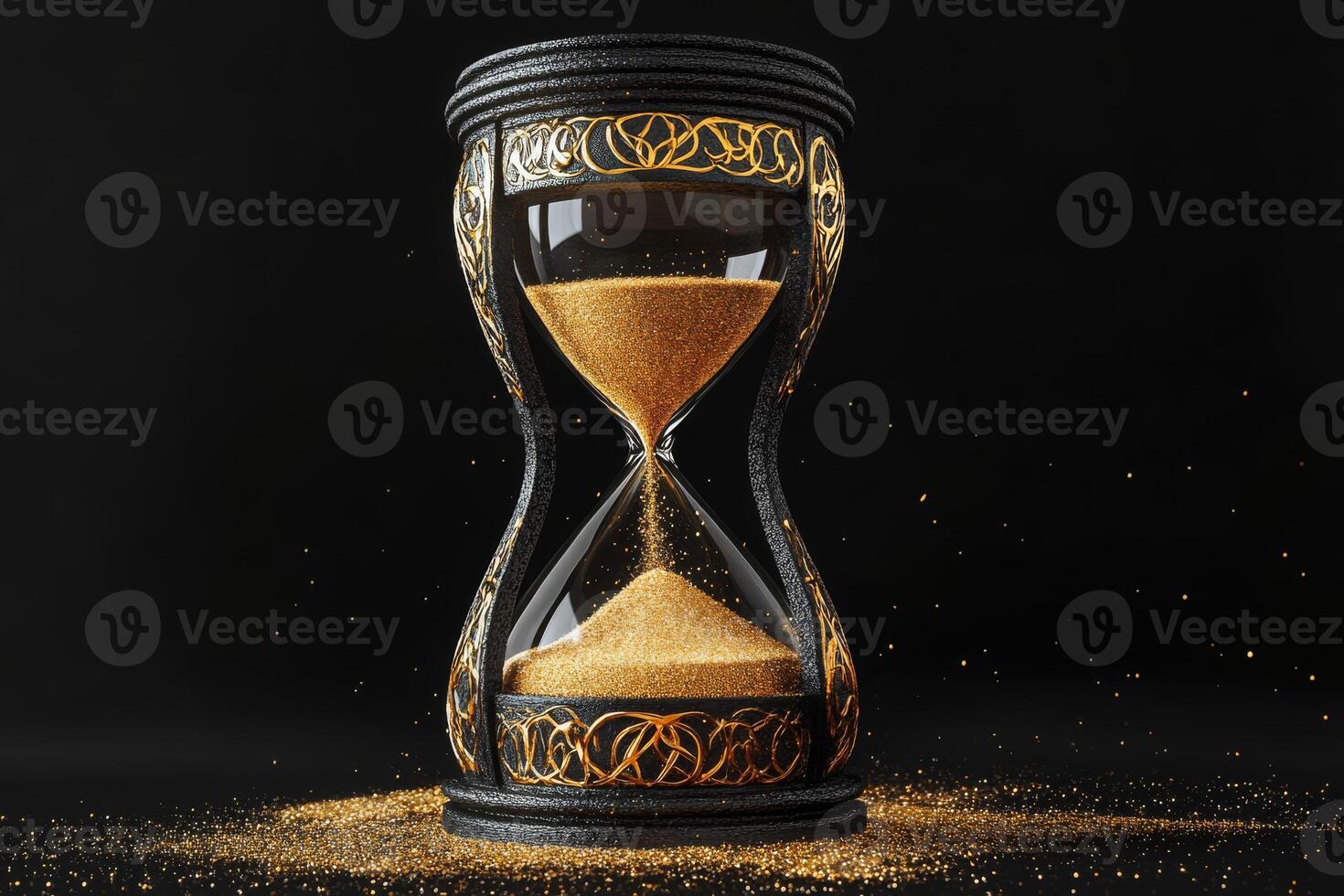 This stunning hourglass beautifully showcases golden sand flowing effortlessly against a striking black background, symbolizing the inevitable and relentless passage of time in our lives photo