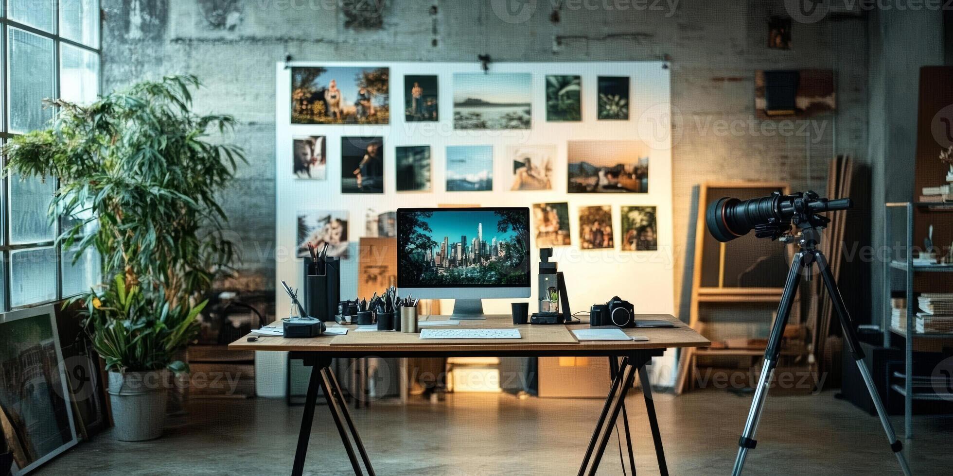 This lively advertising agency features a dynamic workspace with inspiration boards, modern photography tools, and a warm atmosphere, ideal for client engagement and fostering team creativity photo