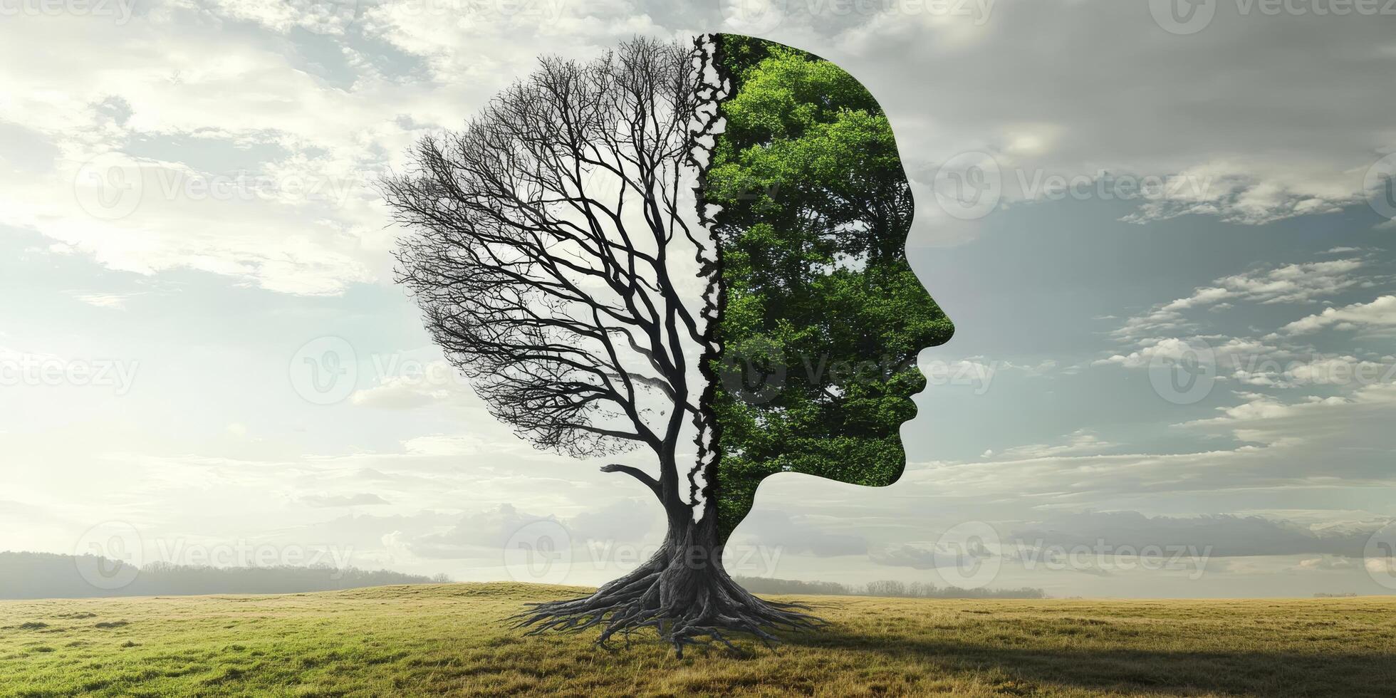 This striking visual vividly represents the stark contrast between pollution and a sustainable green future, effectively showcasing the significant impact that nature can have on humanity as a whole photo