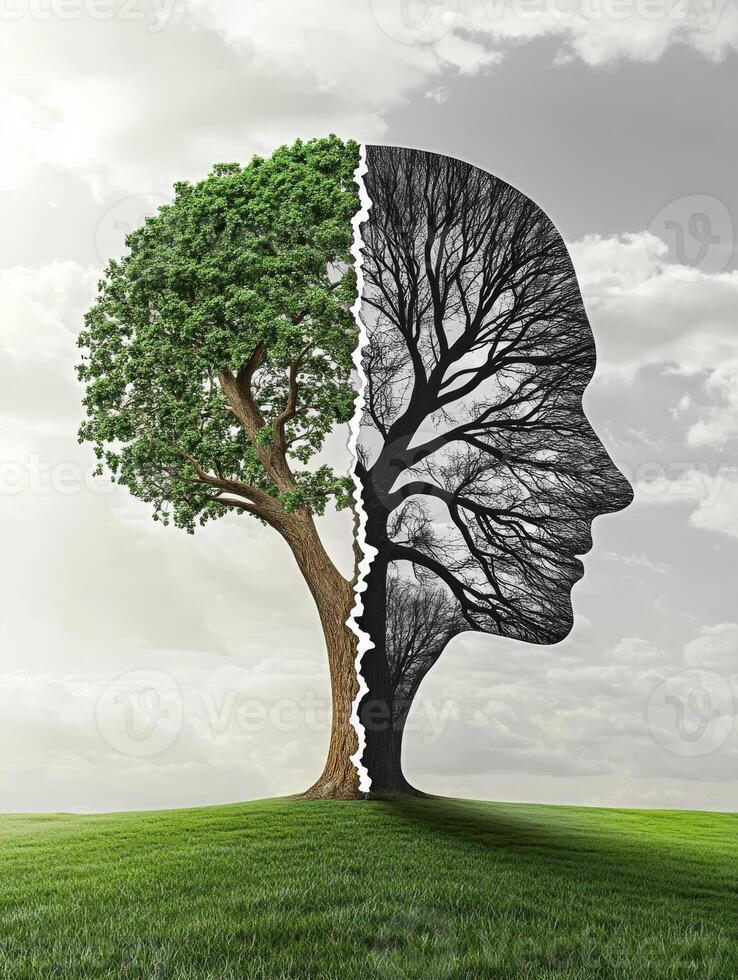 This artwork contrasts a vibrant, healthy tree with a decaying, humanshaped tree, symbolizing the damaging effects of pollution and global warming on our environment and ecosystems photo