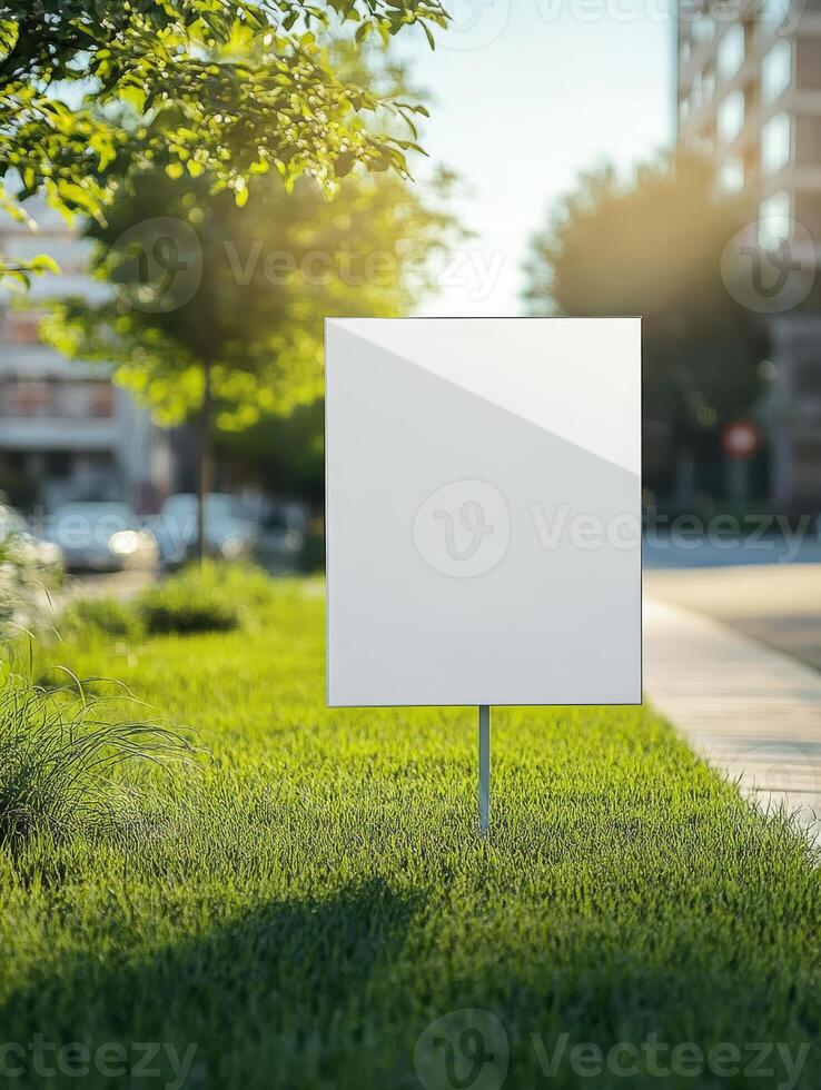Blank sign on grass in front of a building photo