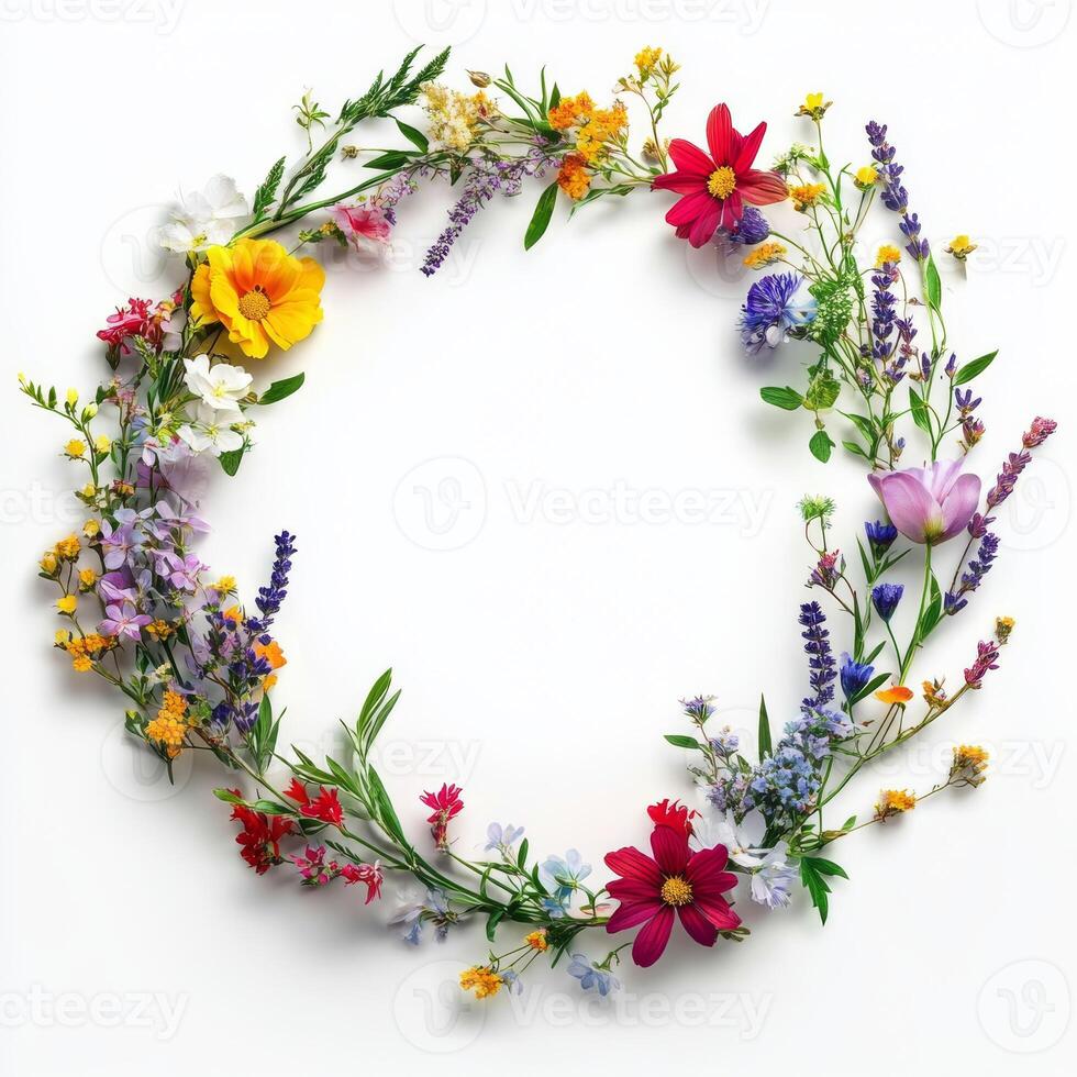 This vibrant artwork features a rainbow frame made from multicolored wildflowers, ideal for spring designs. It provides space for your personal messages, making it a great addition to any project photo