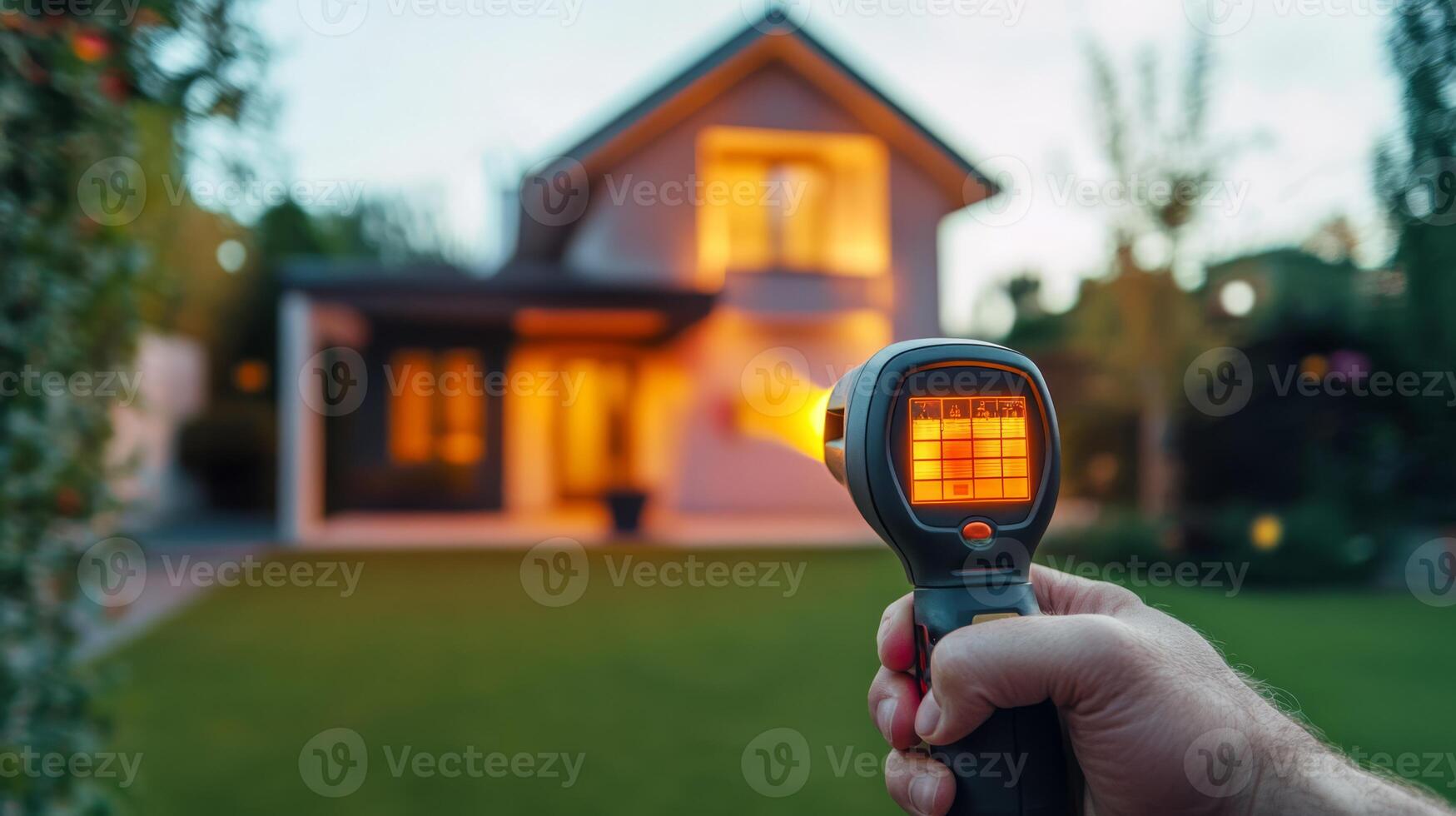 A handheld thermal imaging device is utilized to thoroughly assess the exterior surfaces of a home, revealing significant temperature variations and providing valuable insights into energy efficiency photo