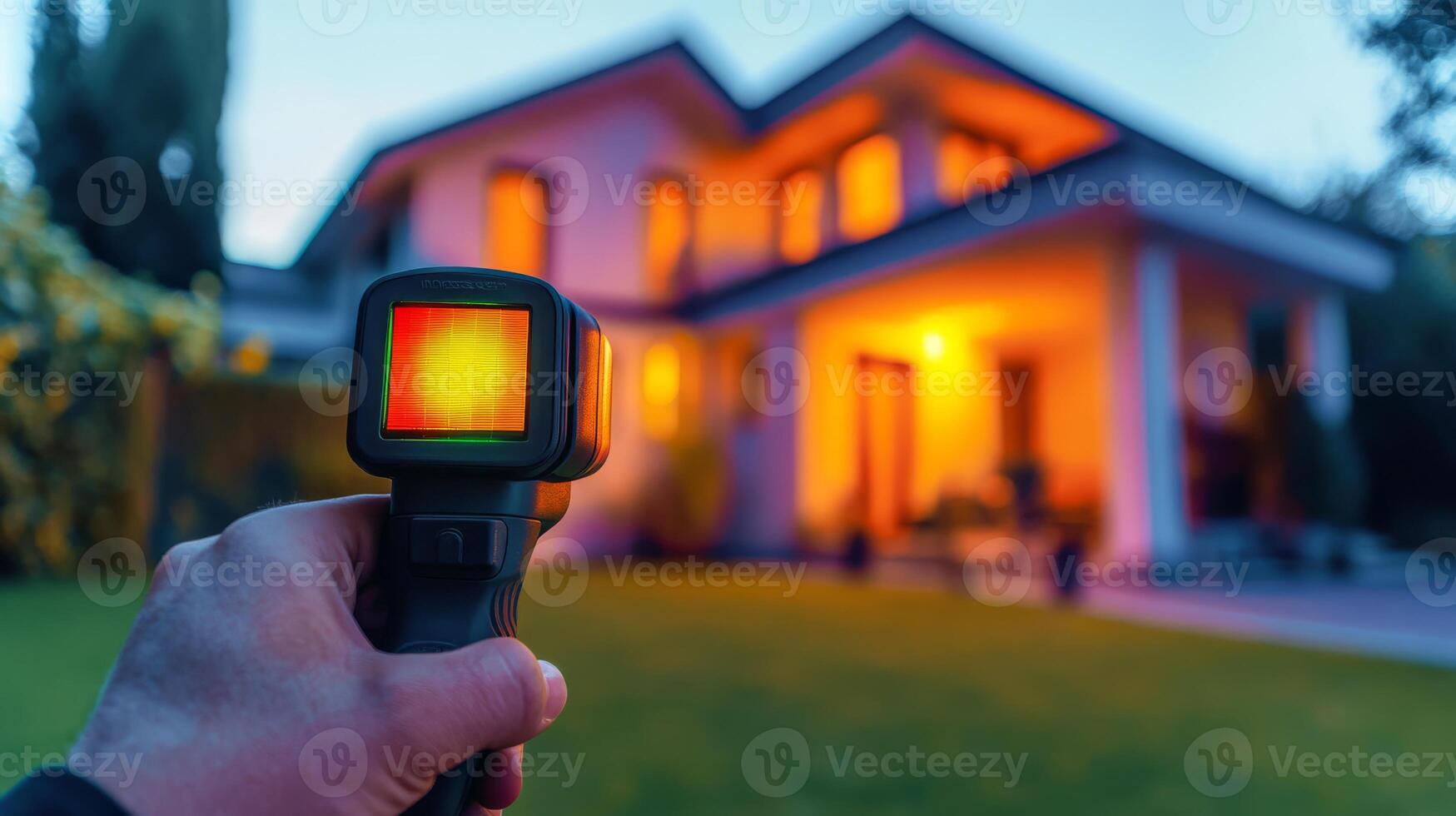 The houses exterior is analyzed with advanced thermal imaging, revealing vivid temperature variations amid warm evening light, creating a striking visual effect that captivates observers photo
