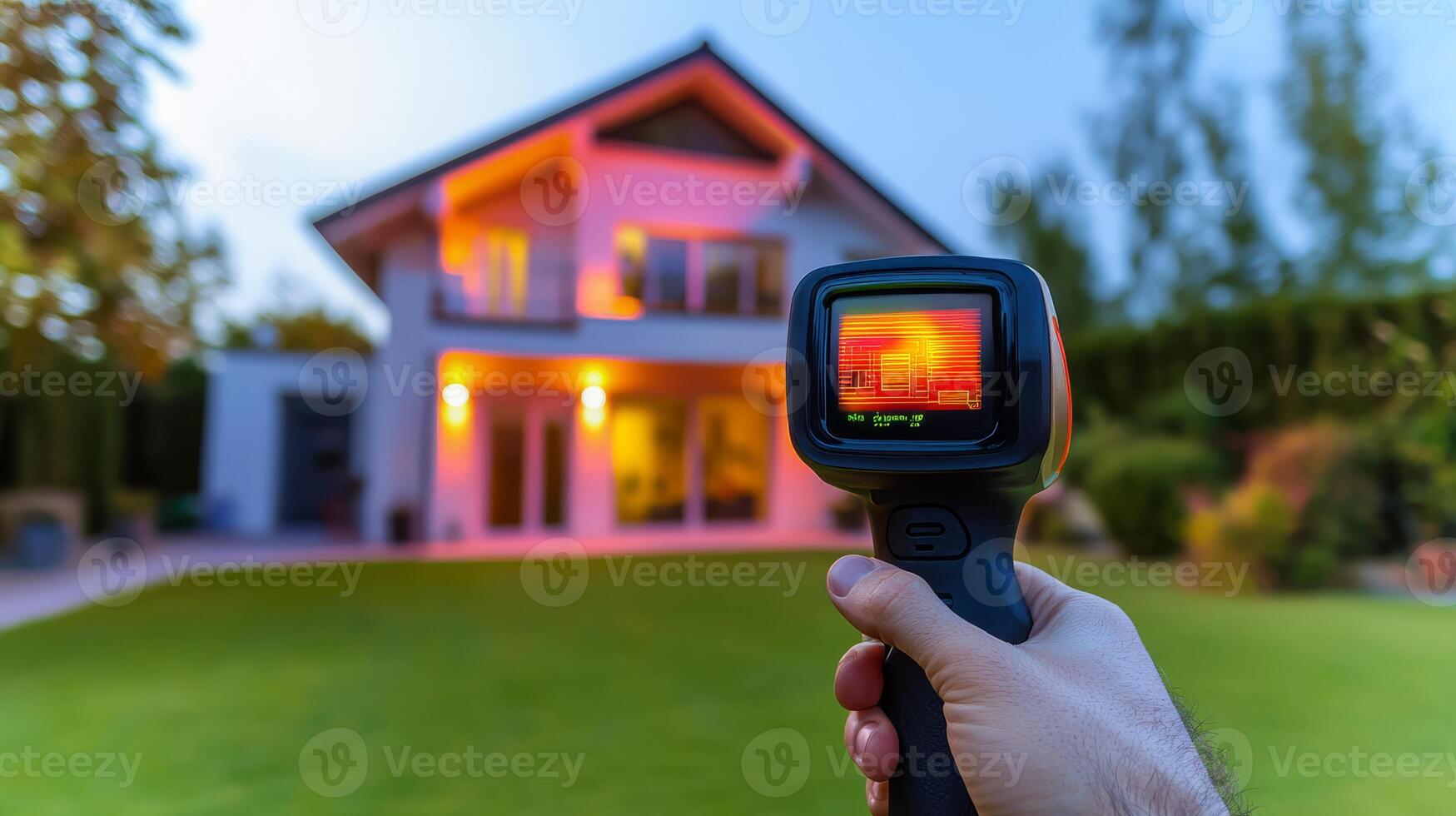 This is a unique thermal imaging view that showcases the exterior of a welllit house during the enchanting time of dusk, highlighting various heat patterns and intricate architectural features photo
