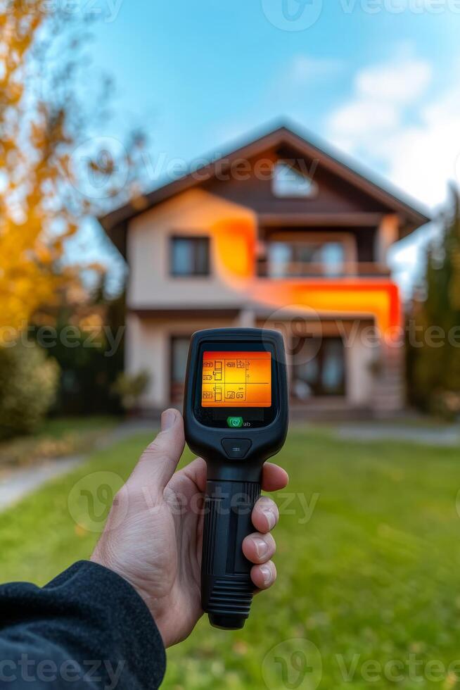 A thermal imaging device captures heat signatures in homes, helping homeowners assess insulation efficiency and identify energy loss areas, promoting sustainable living and energy conservation photo