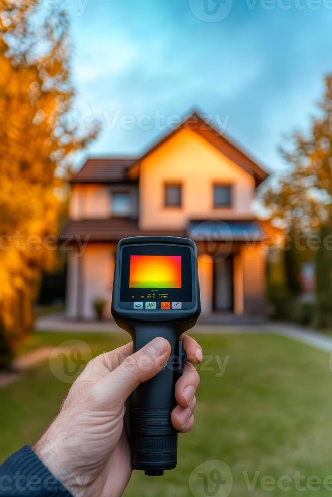 Discover the impressive thermal efficiency of a homes exterior by utilizing a thermal imager, which will help you identify heat loss areas and insulation issues that may need attention photo