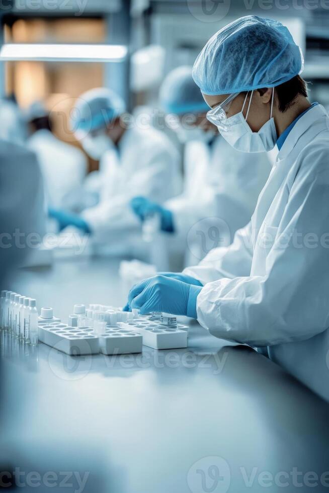 In a controlled pharmaceutical setting, a skilled team in lab coats and masks collaborates to ensure safety and accuracy, aiming to improve healthcare outcomes for patients and communities photo