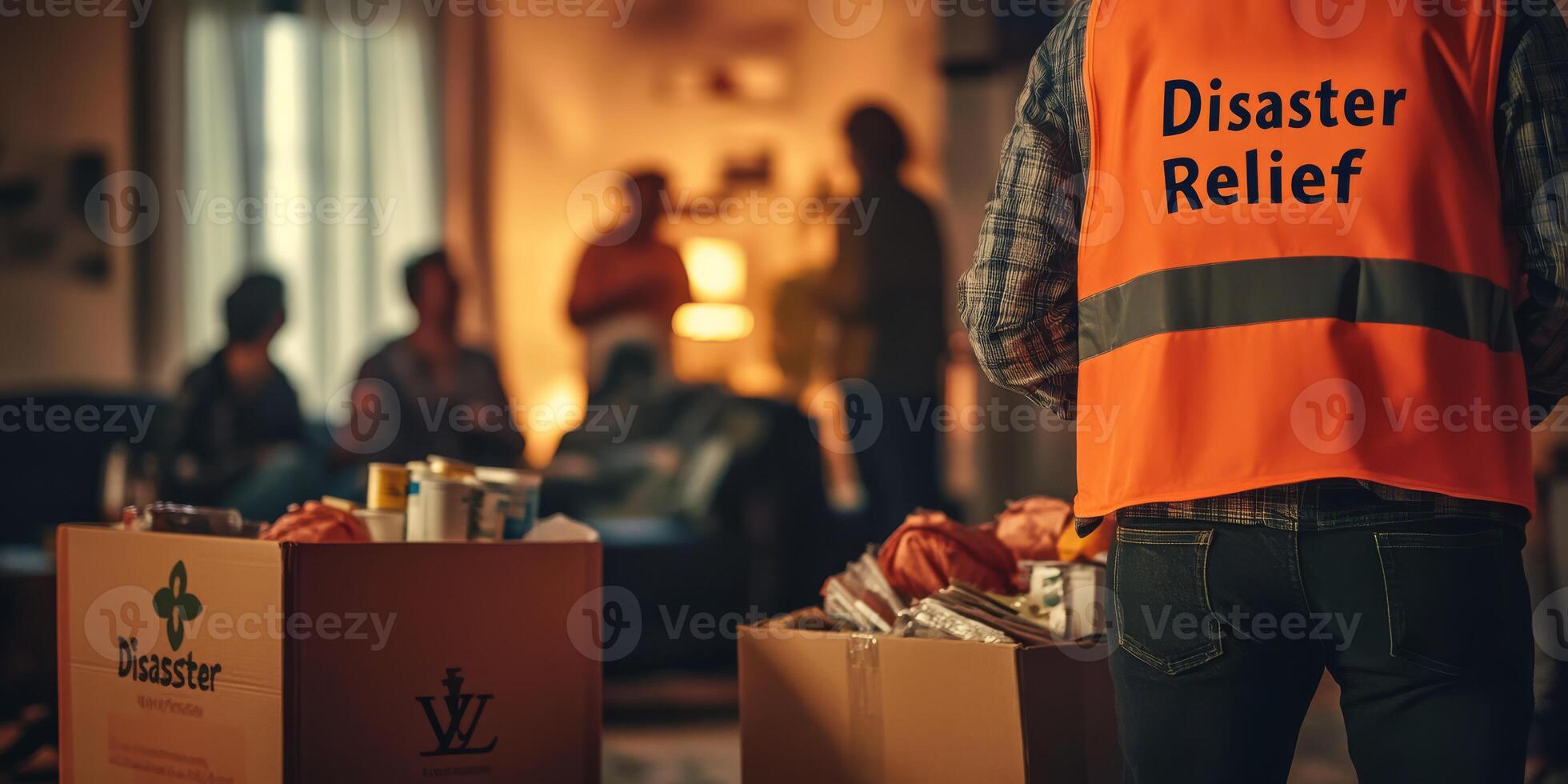 Volunteers are engaging in disaster relief, distributing essential supplies to those in need during an evacuation, demonstrating teamwork and compassion while assisting those in distress photo