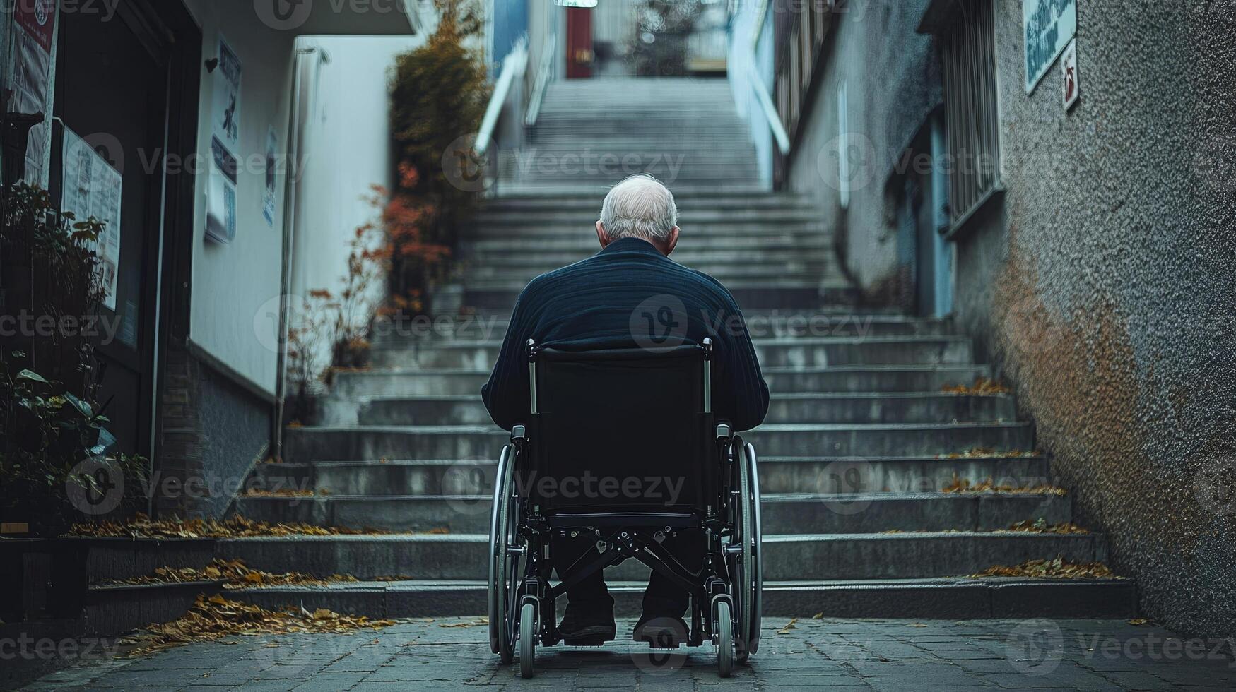 An elderly man seated in a wheelchair encounters a formidable staircase, representing the numerous accessibility challenges that individuals face on a daily basis in various aspects of their lives photo