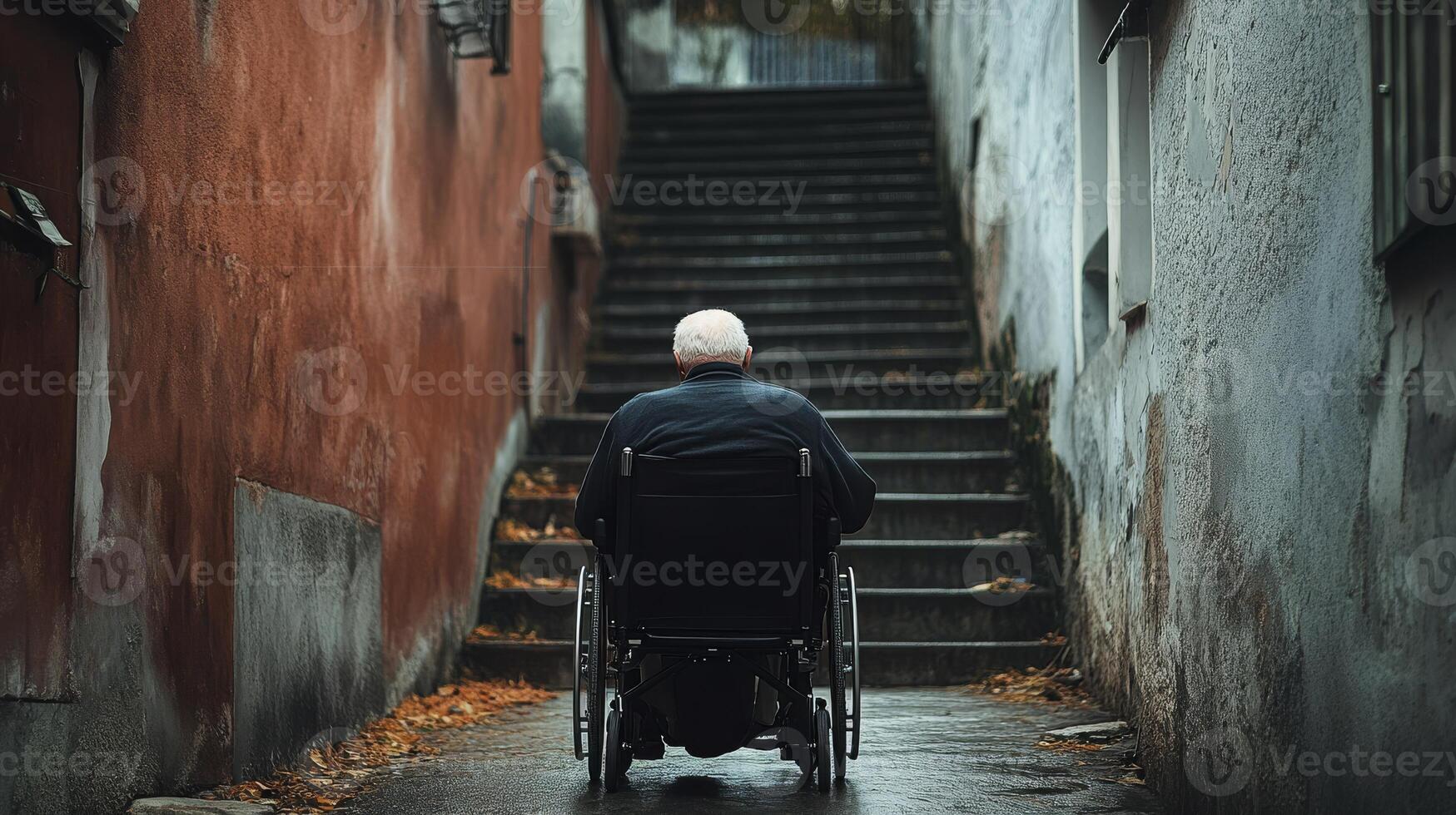 An elderly man in a wheelchair confronts a steep staircase in a vibrant city, symbolizing the challenges for those with mobility issues and urging for compassion and better accessibility solutions photo