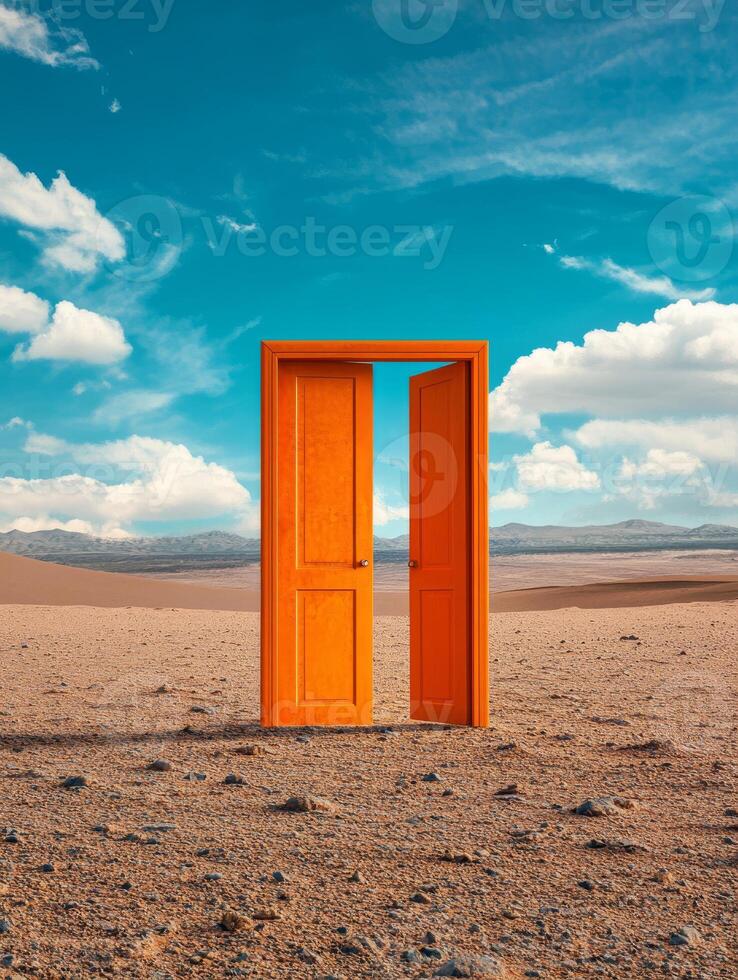 In the vastness of the open desert, a vibrant orange door stands solitary, bathed in the light of the bright blue sky above, stirring feelings of curiosity and wonder deep within the observers mind photo