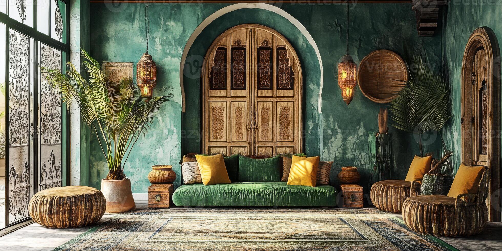 Immerse yourself in the captivating charm of rustic Moroccan decor, which features vibrant green accents and traditional elements, all coming together to create a warm, welcoming, and cozy ambiance photo