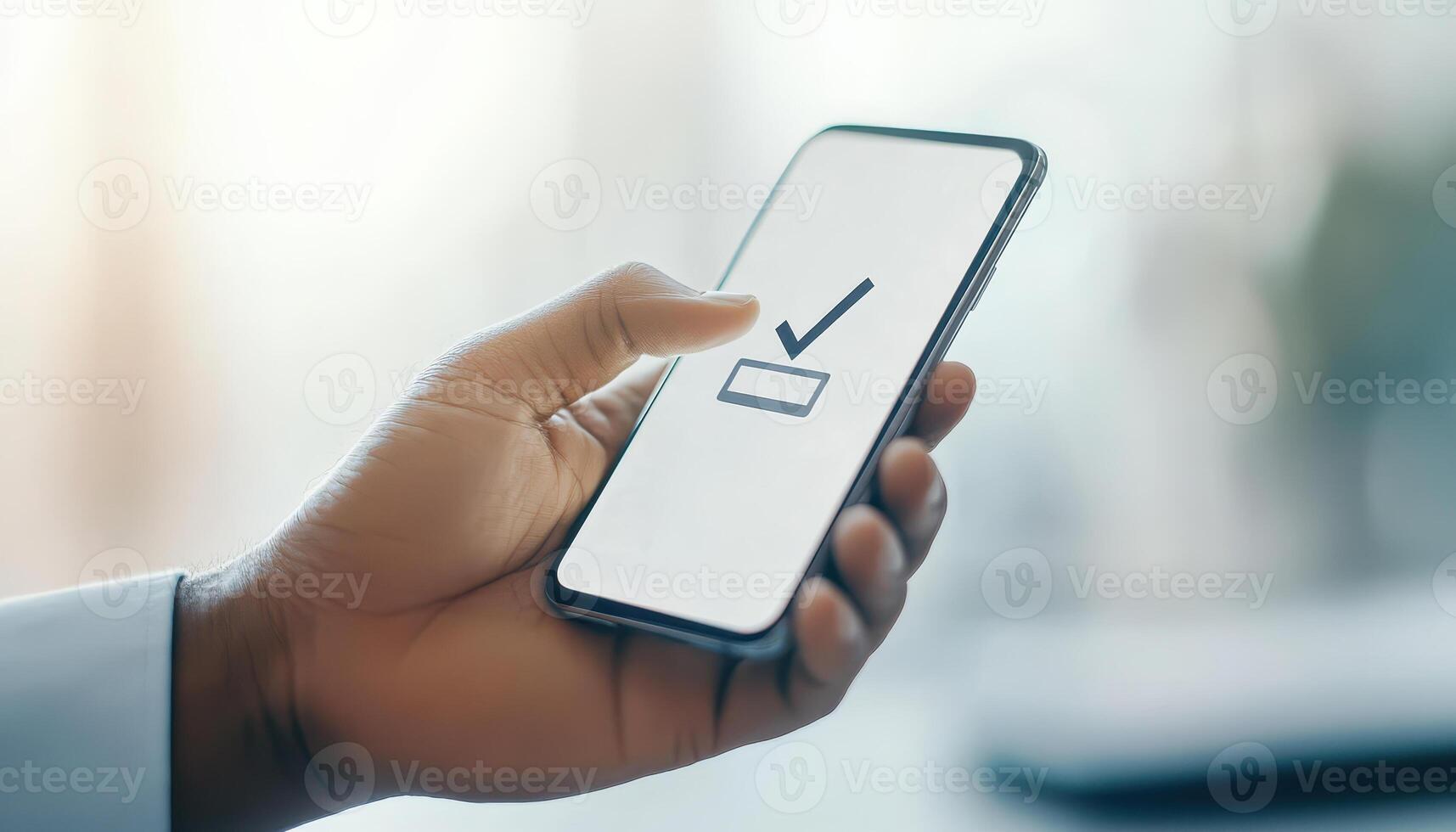businessman hand holding smartphone with checkmark symbol, indicating approval or completion. This conveys sense of productivity and decision making in modern workspace photo