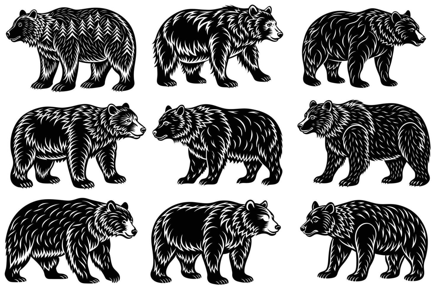 Bear Bundle Printable Illustration, cute bear, playing Bear clipart, Silhouette, Teddy Bear Illustration vector