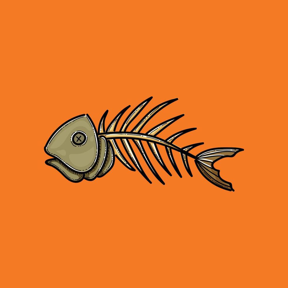 Dark Green illustration features a detailed fish skeleton laid against a vivid orange backdrop, highlighting it's intricate design and artistic appeal. vector