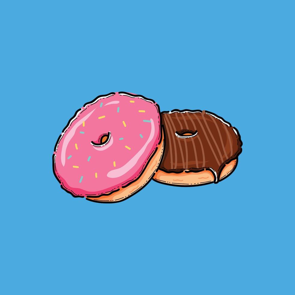 A vibrant cartoon illustration of two donuts, one with pink glaze and sprinkles and the other with chocolate glaze, set against a bright blue background. vector