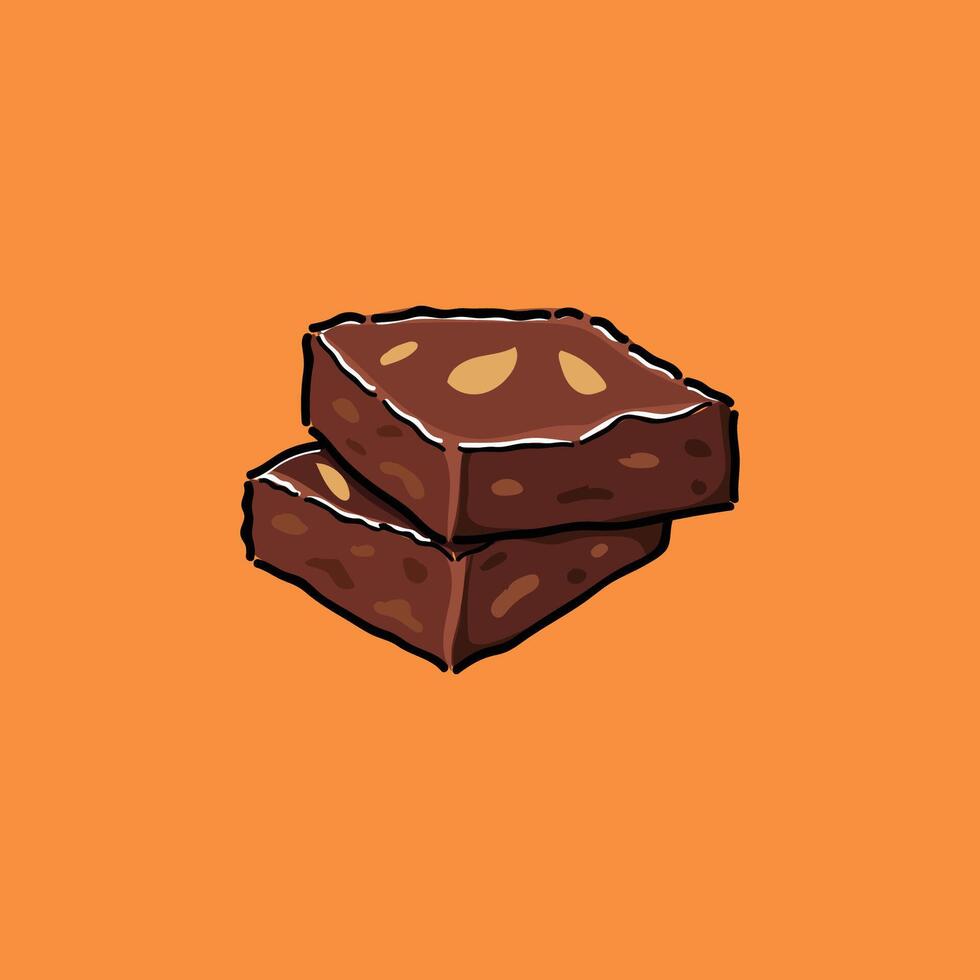 Artistic illustration chocolate brownie squares stacked on a vibrant orange background. The image highlights dessert indulgence and chocolate textures, ideal for confectionery or dessert-themed vector