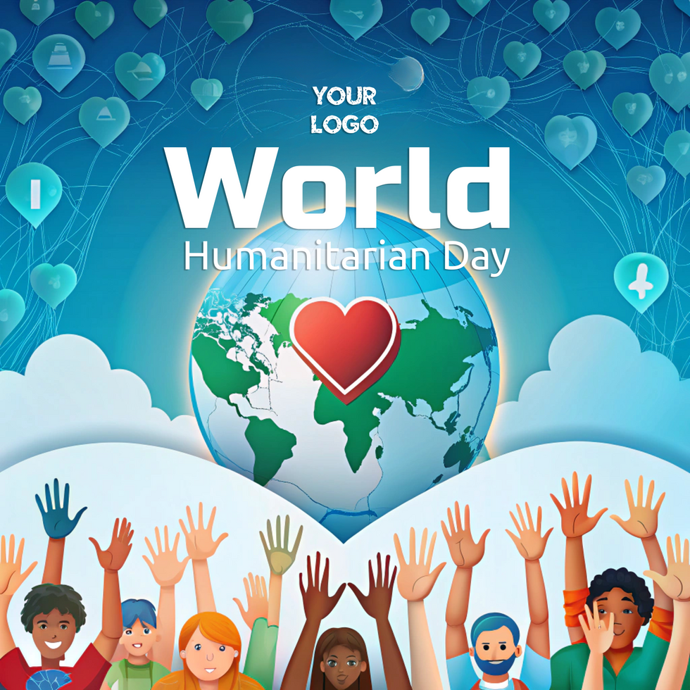 Global celebration of World Humanitarian Day with diverse hands raised psd
