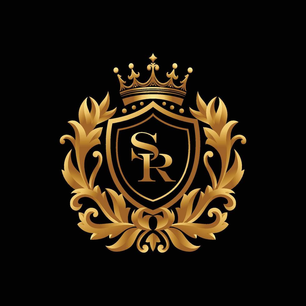 Vintage floral gold frame with crown and initial letter SR on the black background. vector