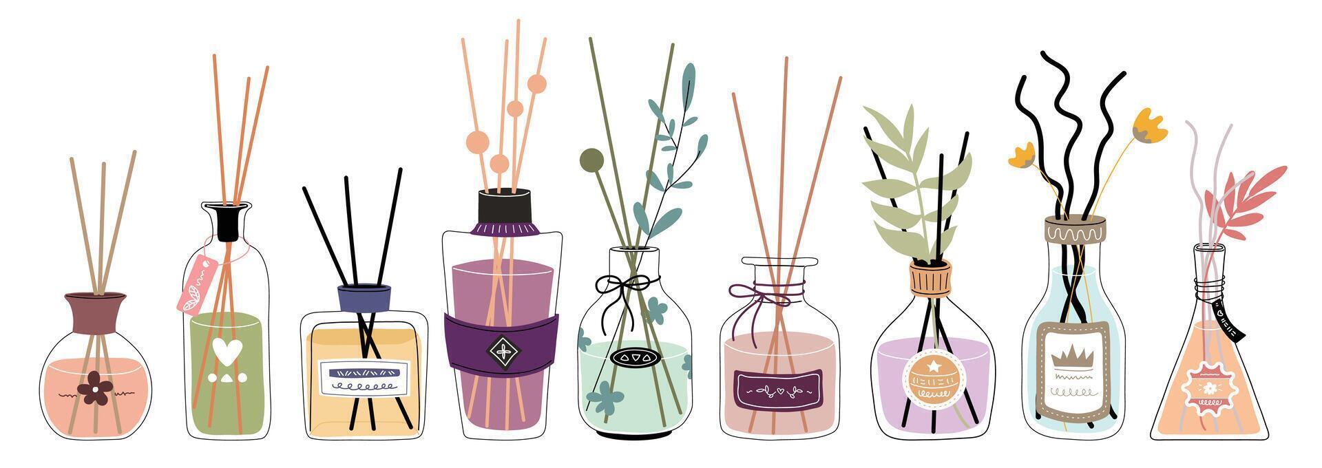 Set with cute illustrations of decorative reed diffuser bottles in various designs, adorned with floral elements and labels. vector