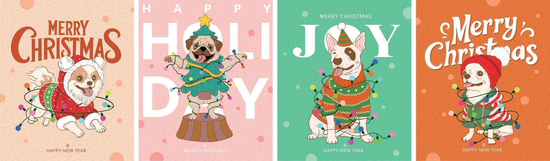 Set of Merry christmas and happy new year Greeting Card, poster Template. Cute cartoon dogs in Christmas Costumes with Christmas lights vector