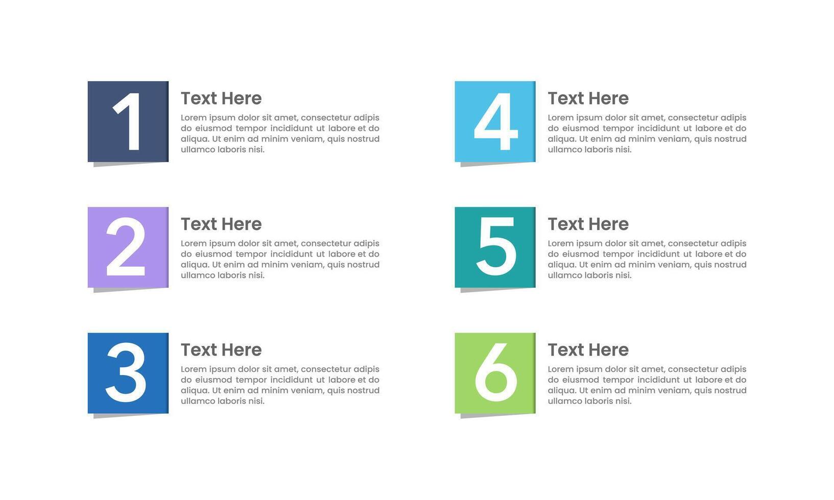 6 Options of square colorful infographics with numbers for business presentations. vector