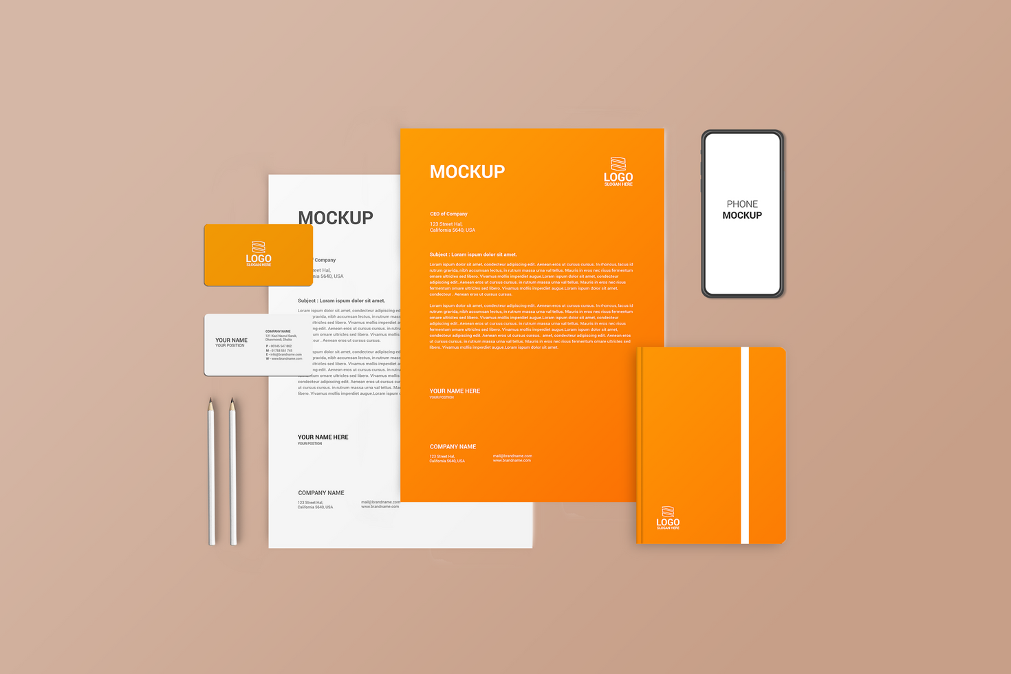 White and Orange Color Letterhead Stationary mockup with phone and notebook psd