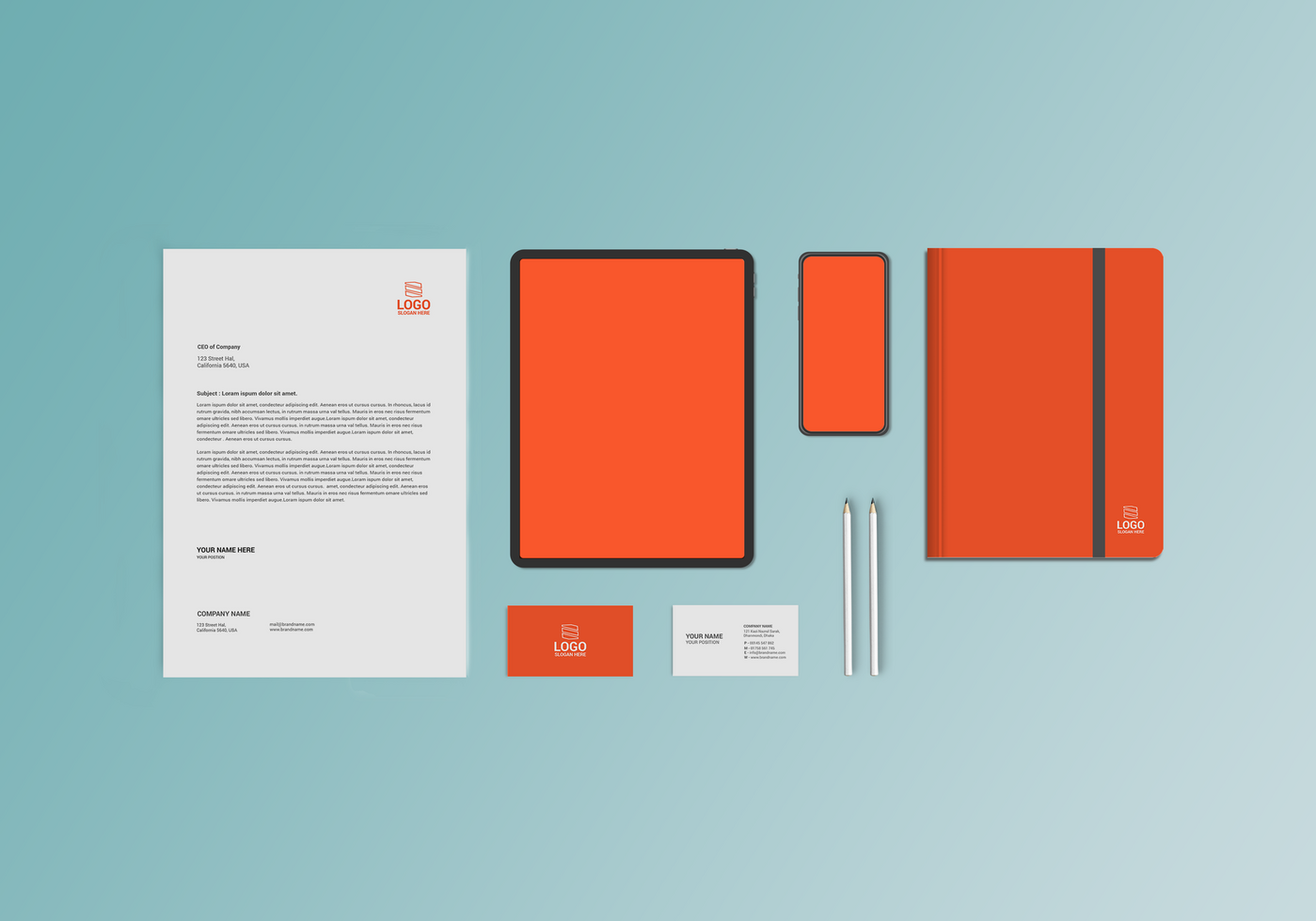 Red Color Stationary Mockup With Tablet psd