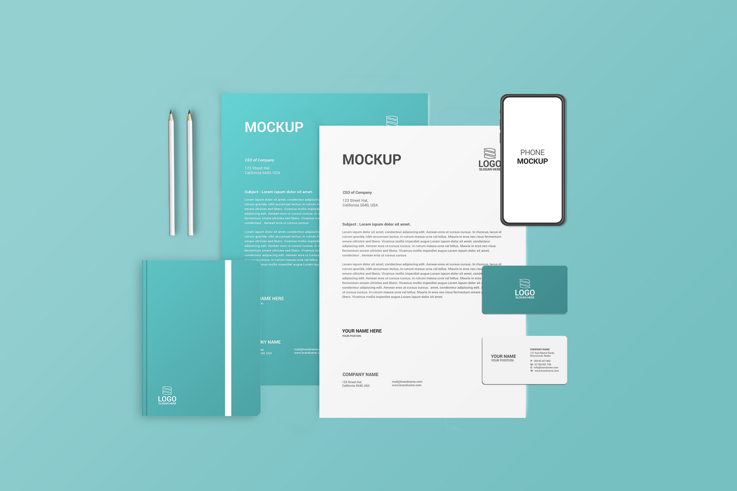 White and Green Color Letterhead Mockup with Phone and Notebook psd