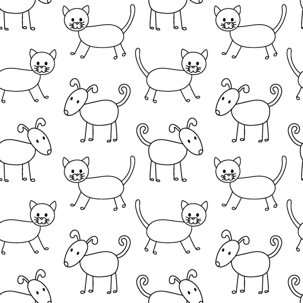 Seamless monochrome pattern with dog and cat outline doodle. Hand drawn funny domestic animal on white background. vector