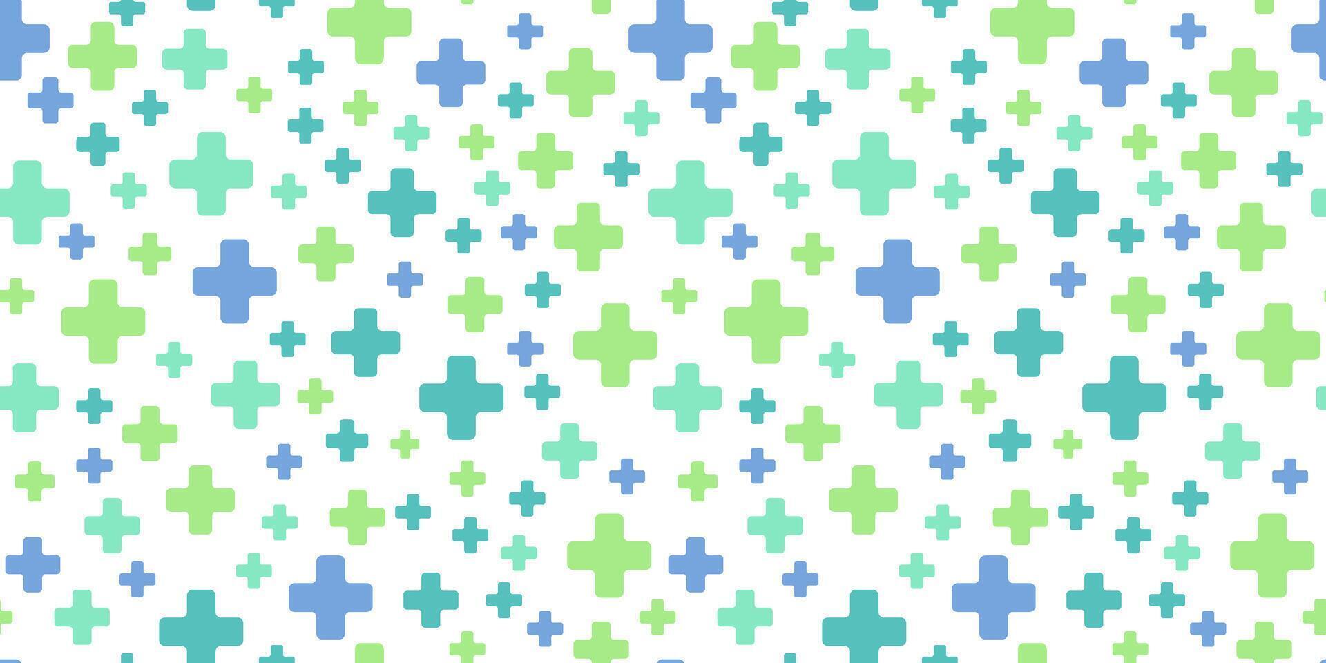Medical repeat background with blue and green cross on white. Pharmacy seamless pattern. vector