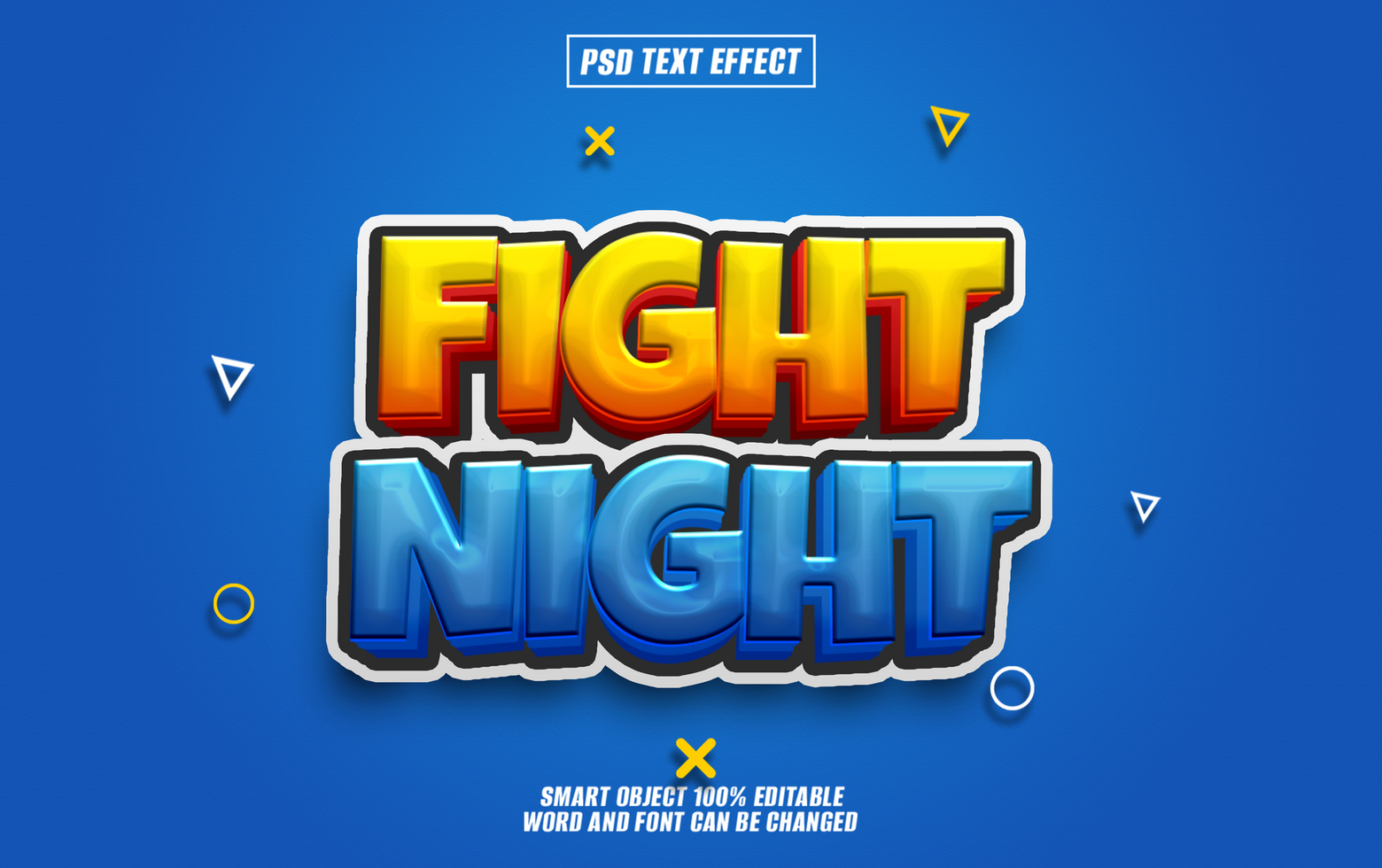 3D Text Effect Fight Night with yellow, red and blue colors on a blue background. psd