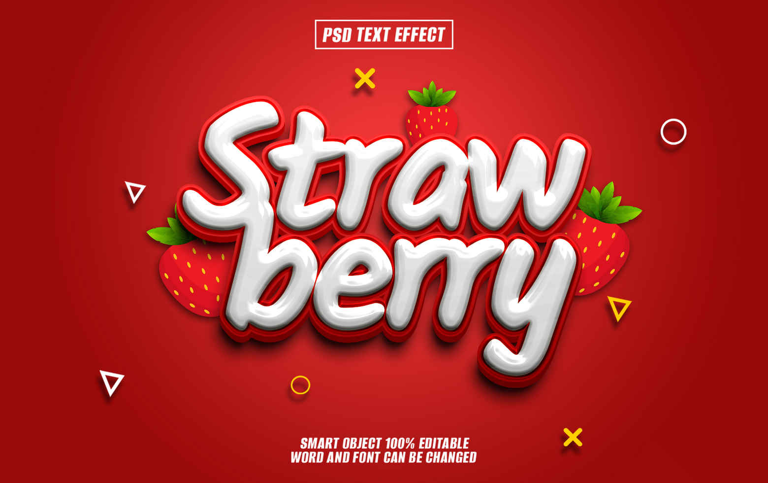 3D text effect design with the word Strawberry in a white 3D style with red outlines and red strawberries on a red background. psd