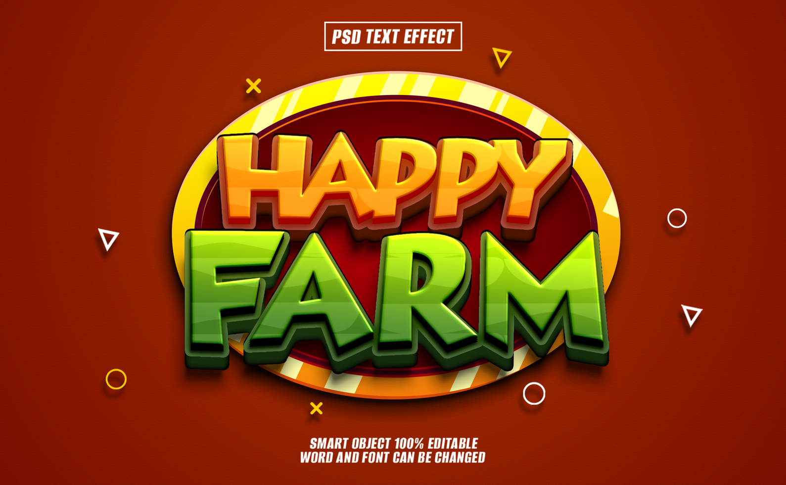 3D text effect with Happy Farm in a yellow oval with red background. psd