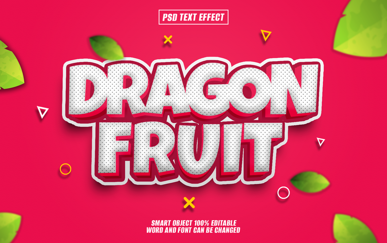 3D text effect for the phrase Dragon Fruit with pink background and green leaves psd