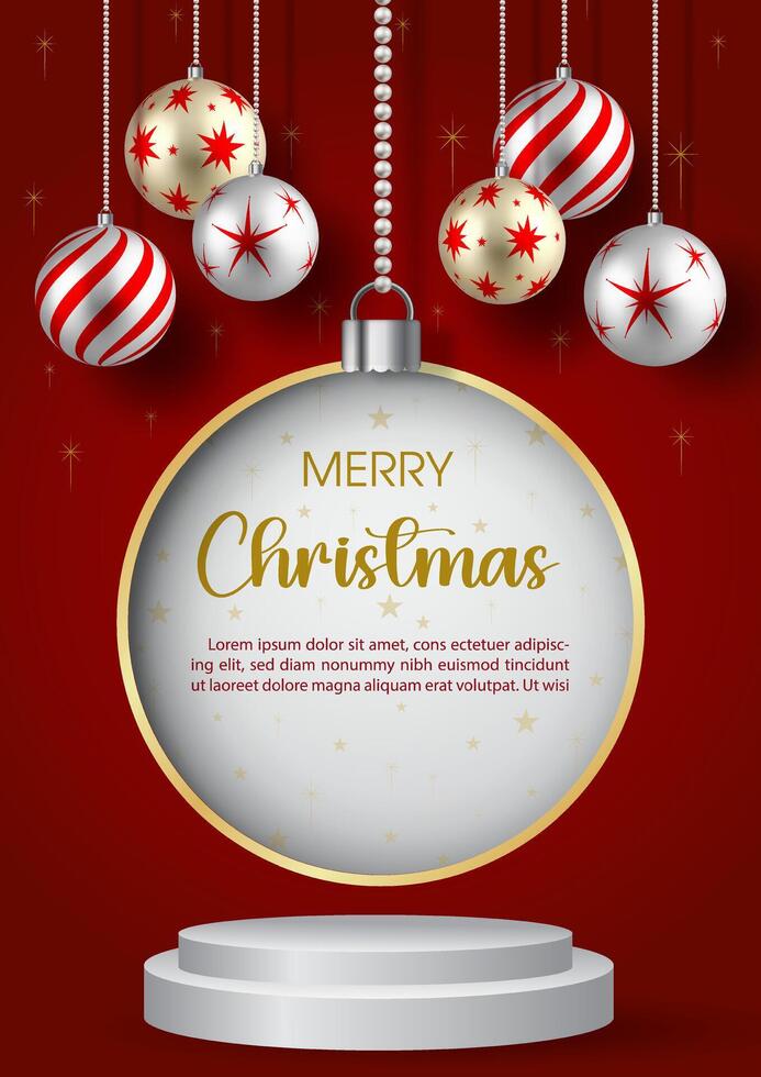 A Promotional posters product discounts of Christmas celebration with product stage and glass Christmas balls hanging on wording of event, white circle hole and red background vector