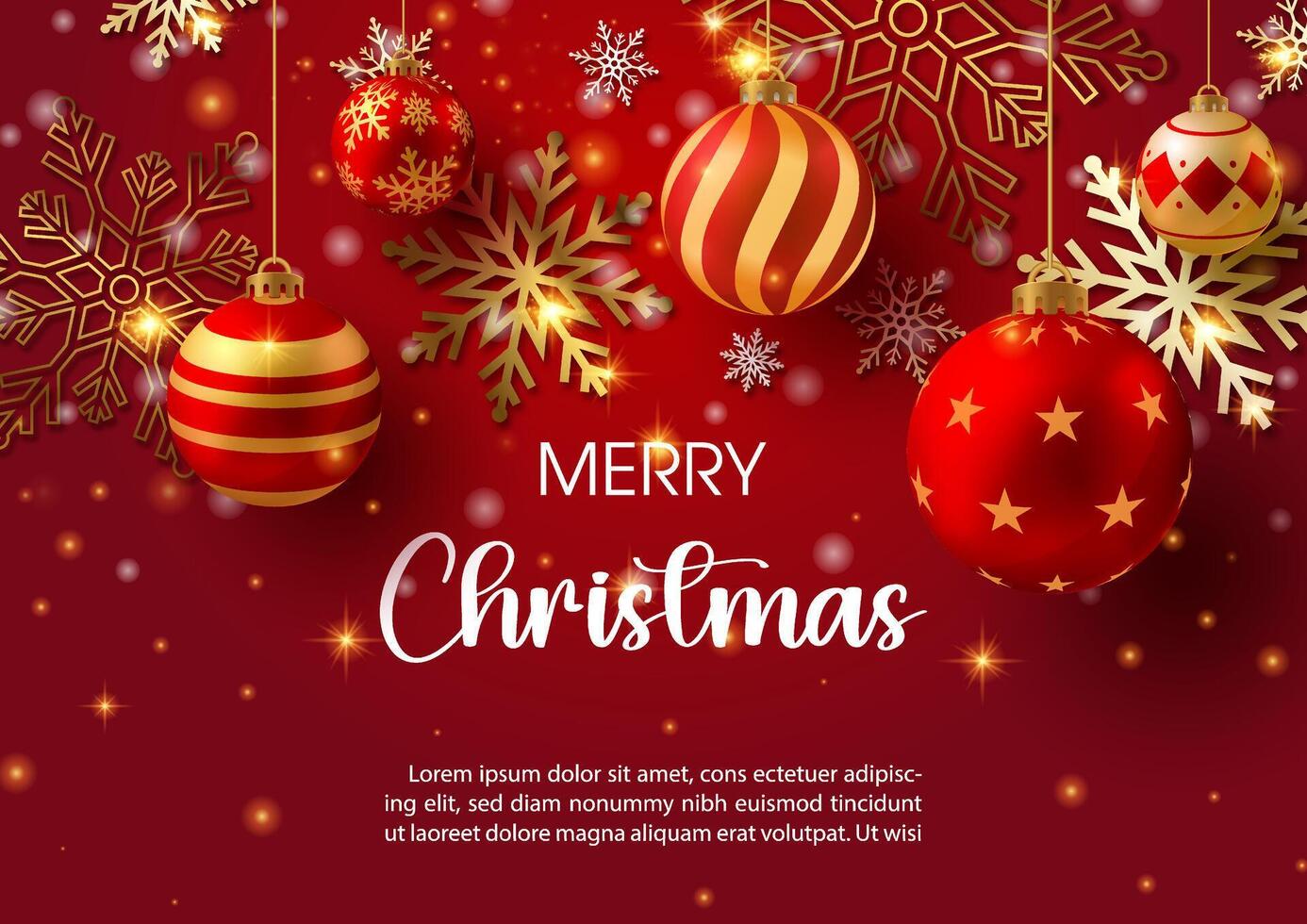 A luxury Christmas celebrated greeting card and poster with golden and red Christmas balls hanging, wording of event and example texts on snowflake decorated and red background vector