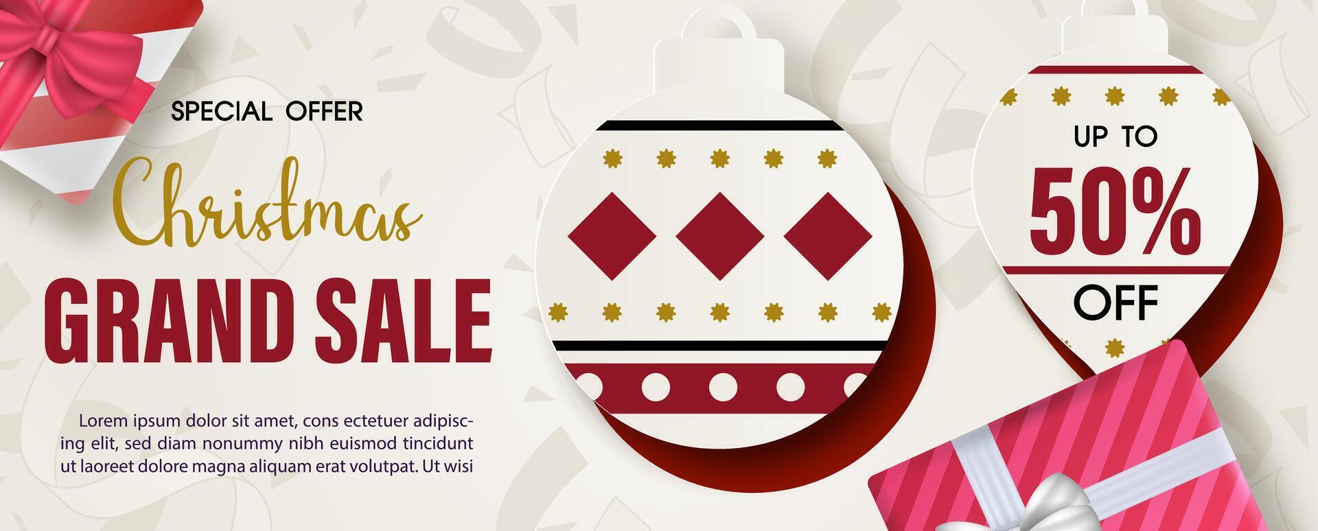Promotional posters for product discounts of Christmas celebration in paper cut style with Christmas balls and gift box decorated, wording of event on white background. vector
