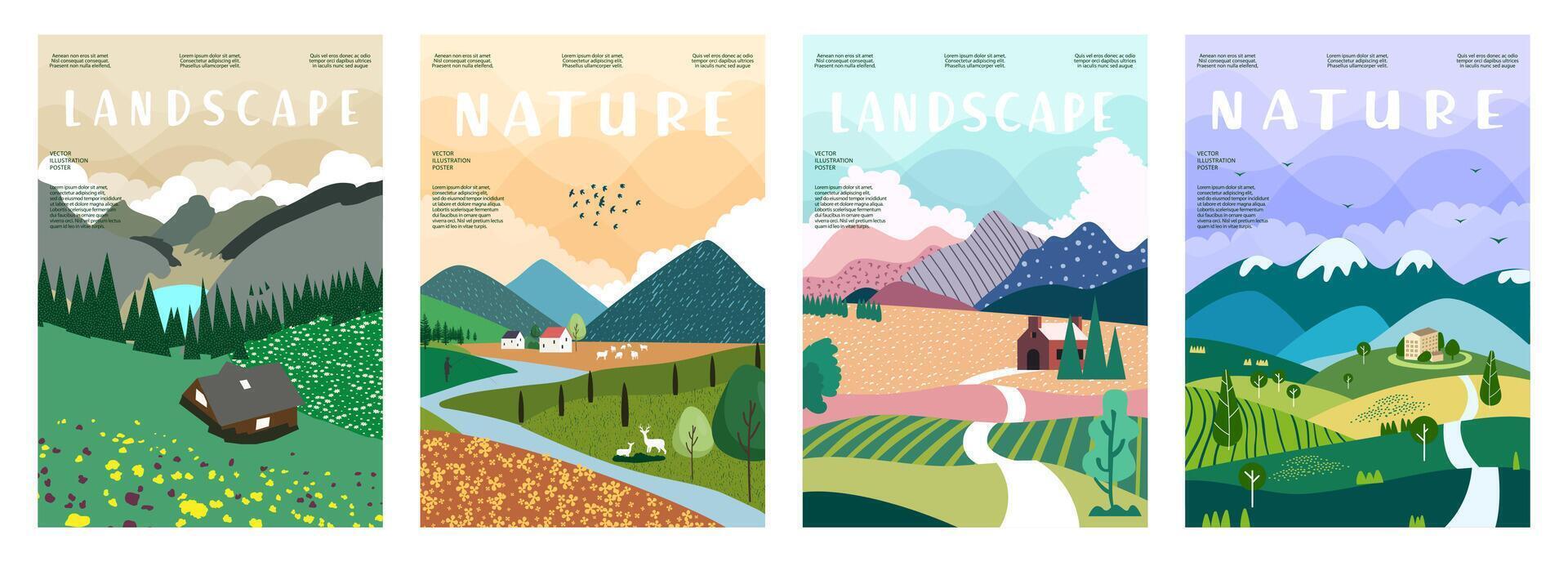 Nature and landscape poster set. illustration of mountains, trees, plants, fields and animals. For prints, cover or card designs, art decoration. vector
