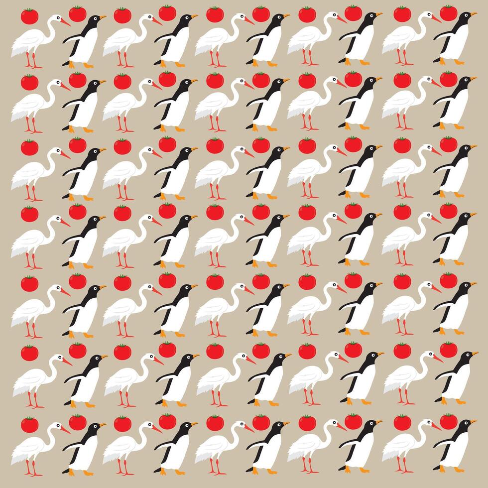 penguin, stork with fruit as a pattern background vector