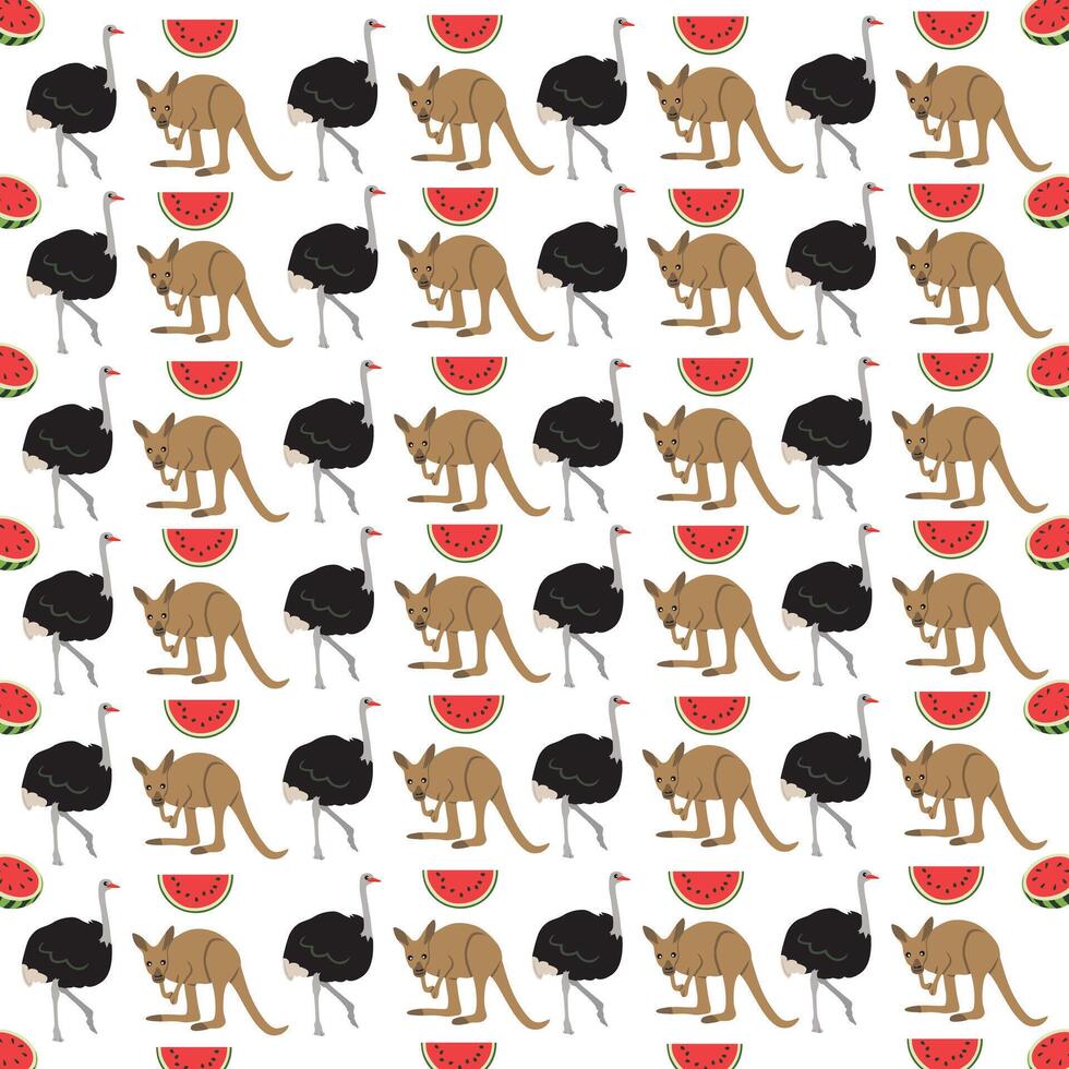 ostrich, kangaroo with fruit as a pattern background vector