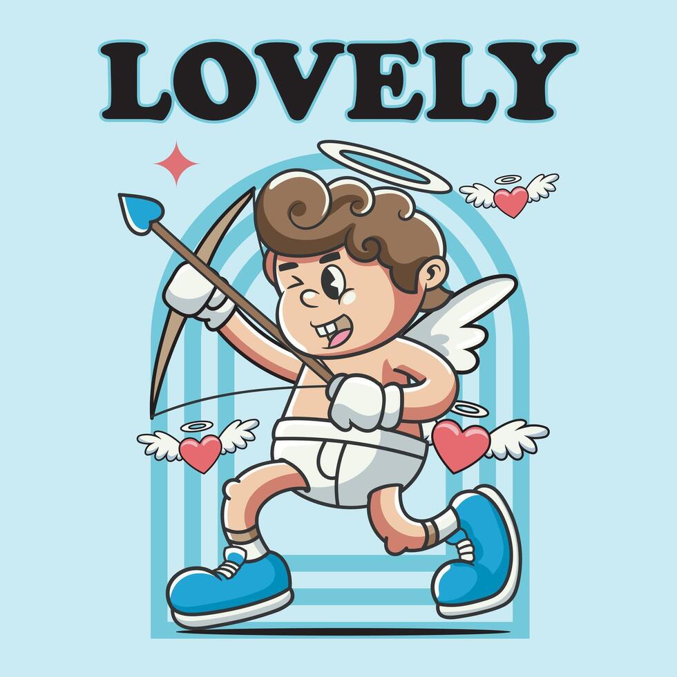 Valentines Day with Happy cute cupid angel character in Groovy Vintage Retro Cartoon Illustration for sticker, badge, patch, banner, greeting card, invitation vector